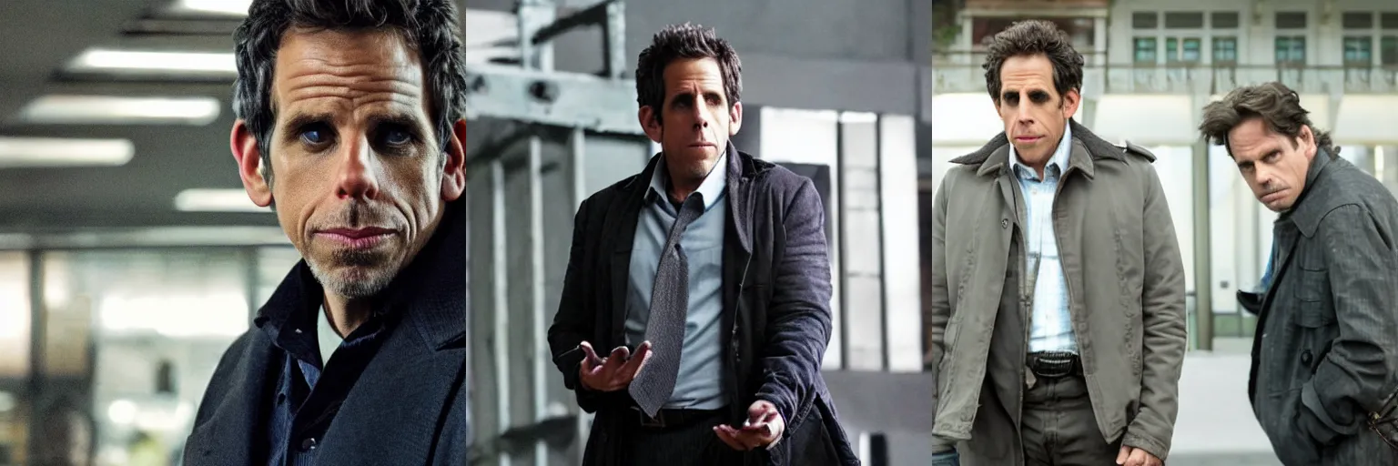 Prompt: close-up of Ben Stiller as a detective in a movie directed by Christopher Nolan, movie still frame, promotional image, imax 70 mm footage