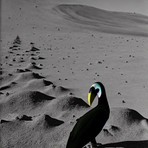Image similar to photography hyperrealistic tucan on the moon