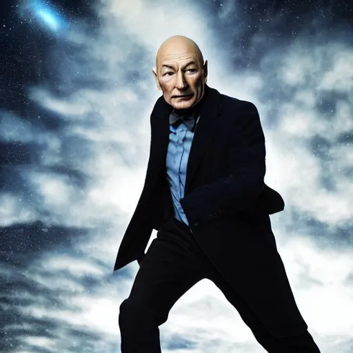 Prompt: doctor who played by Patrick Stewart, cinematic photo, distance shot,
