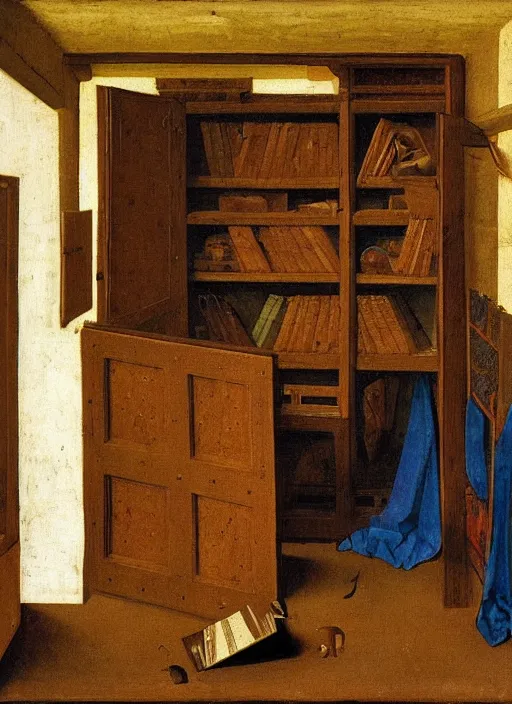 Image similar to bookshelf with books and children toys, medieval painting by jan van eyck, johannes vermeer, florence