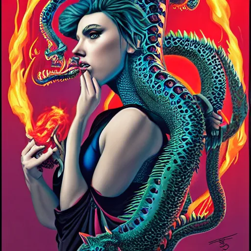 Image similar to demonic hell portrait of scarlett johansson as queen of hell, fire and flame, big long hell serpent dragon octopus, Pixar style, by Tristan Eaton Stanley Artgerm and Tom Bagshaw.