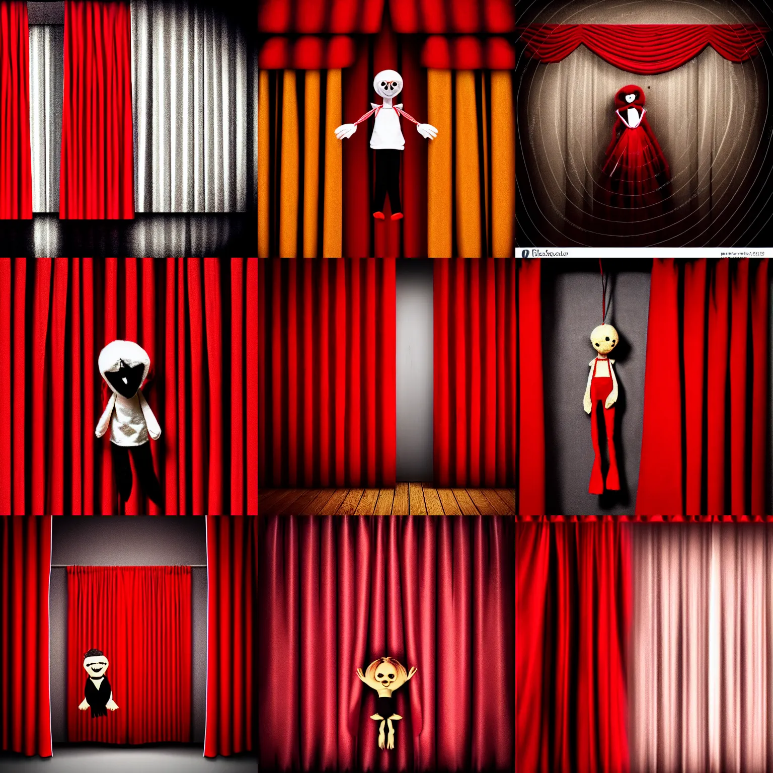 Prompt: puppet on string behind red curtains, an album cover, dark ambiance, realism