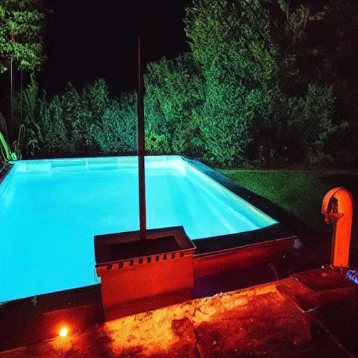 Image similar to “a flaming, glowing and burning claymore sword 🗡 floating in a suburban backyard pool, in the middle of the night, deepest darkest midnight. Photograph. Flash photograph. Cursed image. Found photograph.”