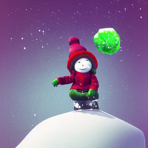 Image similar to a portrait of a mochi cannabis leaf snowball cute friendly character snowboarding in a gelatinous australian ❄ environment 3 d rendered in octane, by eyvind earle