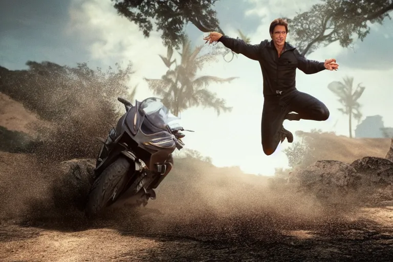 Image similar to ((a cinematic still of)) (tom cruise!!!!!), jumping, oprah winfrey show, ((((octane render, nvidia raytracing demo))))