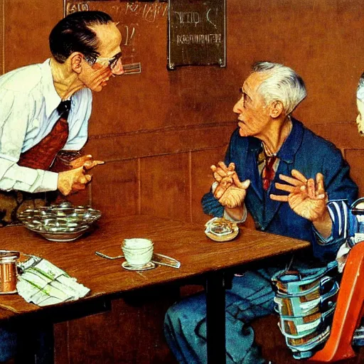 Prompt: Three students talking at a table artwork by Norman Rockwell, cinematic view, high quality