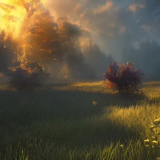 Prompt: warhammer, volumetric lighting, dew, spring evening, clear weather, realistic illustration, golden hour, perfectly shaded, soft painting