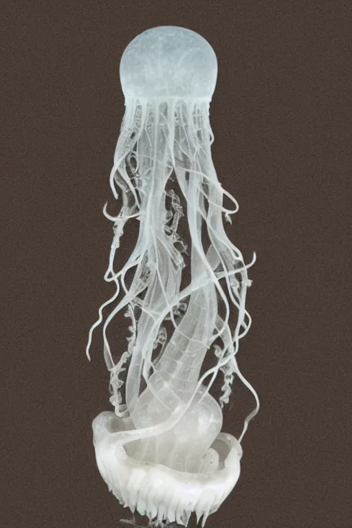 Image similar to a beautifully carved intricate marble statue of a jellyfish, dark negative space