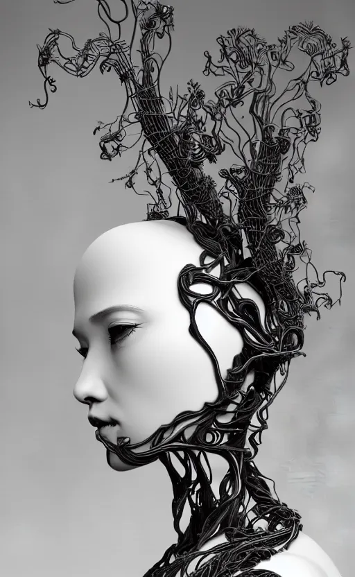 Prompt: black and white complex 3d render of 1 beautiful profile woman porcelain face, vegetal dragon cyborg, 150 mm, sinuous silver metallic ghost orchid flower stems, roots, leaves, fine lace, maze-like, mandelbot fractal, anatomical, facial muscles, cable wires, microchip, elegant, highly detailed, black metalic armour with silver details, rim light, octane render, H.R. Giger style, David Uzochukwu
