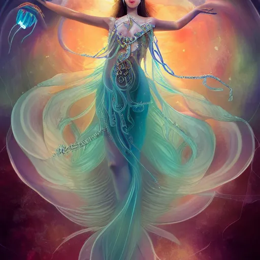 Prompt: Full body photo of the most beautiful goddess, she has a jellyfish head and a siren body, some tentacles are touching her, she flying to heaven through the clouds, she is swimming and leading some chrysaora hysoscella with smoke behid her, by Tooth Wu, trending on Artstation, digital art, symmetrical artwork, cinematic, hyper realism, high detail, octane render, 4k, 8k