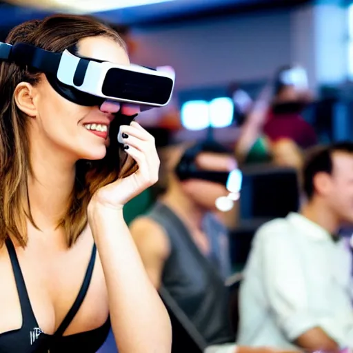 Prompt: an attractive women in a bikini wearing the rift 2 vr headset in the year 2 0 3 9, the headset has a slim design. she is at a vr meetup event with a bunch of geeks in the background.