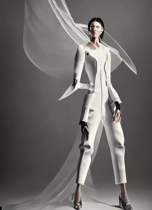 Image similar to a portrait by nick knight of a beautiful girl detailed features wearing a pilot suit wedding dress synthetic materials, jumpsuits chic'techno fashion trend by balenciaga and makoto shinkai