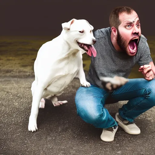 Prompt: a guy yelling to a sad dog, 4K