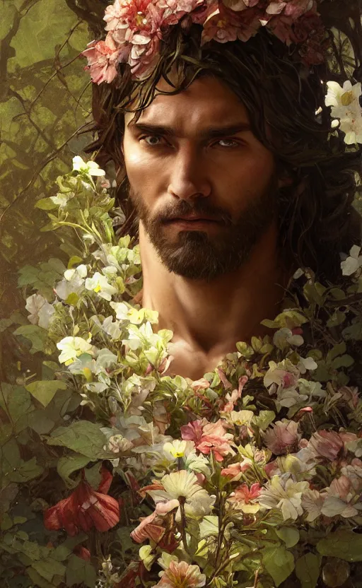 Image similar to god of the forest, 3 0 years old, rugged, handsome, male, detailed face, clean lines, atmospheric lighting, amazing, full body, thighs, flowers, muscular, intricate, highly detailed, digital painting, deviantart, concept art, sharp focus, illustration, art by greg rutkowski and alphonse mucha