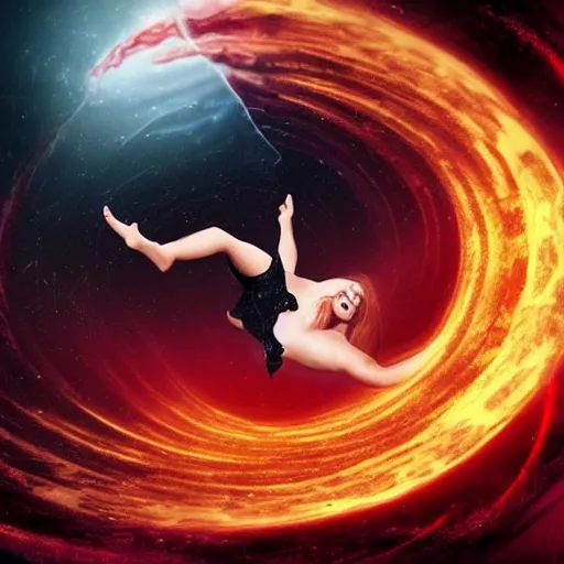 Image similar to woman falling through a black hole that leads to hell with all her enemies surrounding her