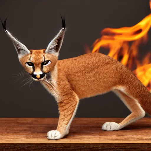 Image similar to wide-angle photo of cute caracal sitting on a wooden chair near a table in a room, flames of fire at background, octane render, 3d, 8k , hd, studio light