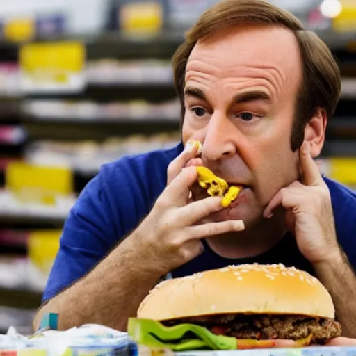 Prompt: saul goodman eating a cheeseburger at a walmart