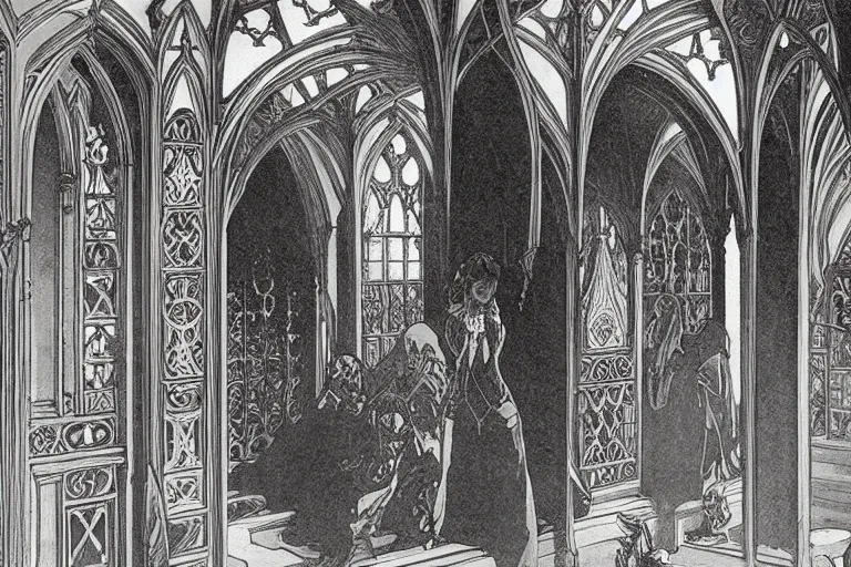 Prompt: gothic castle interior design by alphonse mucha