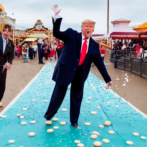 Prompt: donald trump throwing pudding onto citizens, citizens soaked with pudding, golden hour, boardwalk, professional photography