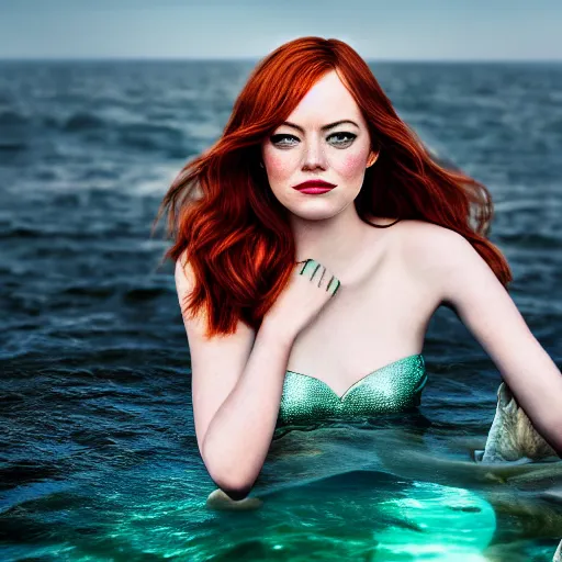 Image similar to Emma Stone as a mermaid, vogue, perfect face, intricate, Sony a7R IV, symmetric balance, polarizing filter, Photolab, Lightroom, 4K, Dolby Vision, Photography Award