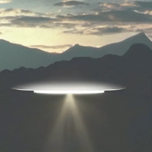 Prompt: the photo shows a large, silver disk shaped ufo hovering in the sky above a mountain range. the object appears to be surrounded by a bright, glowing aura. there is no sign of any engines or propulsion system, and the object seems to be completely silent