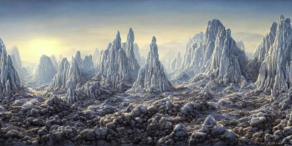 Image similar to Fantastical open landscape by Ted Nasmith, giant crystals, frost, iridescent, digital painting, concept art, landscape