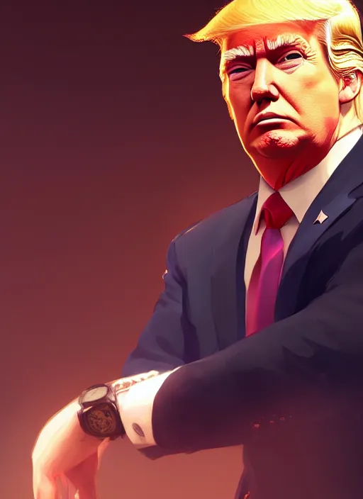 Prompt: portrait of a donald trump, complex, applied to tone, ambient lighting, high detail, digital painting, artstation, concept art, 4 k, stunningly beautiful, clear focus, makoto shinkai and akihiko yoshida, hidari and vlop