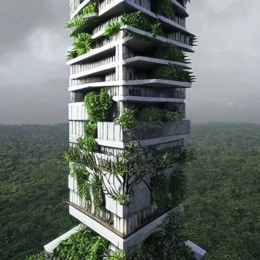 Image similar to A brutalist tower in the middle of a tropical jungle, by Brick Visual, by Luxigon, trending on Artstation