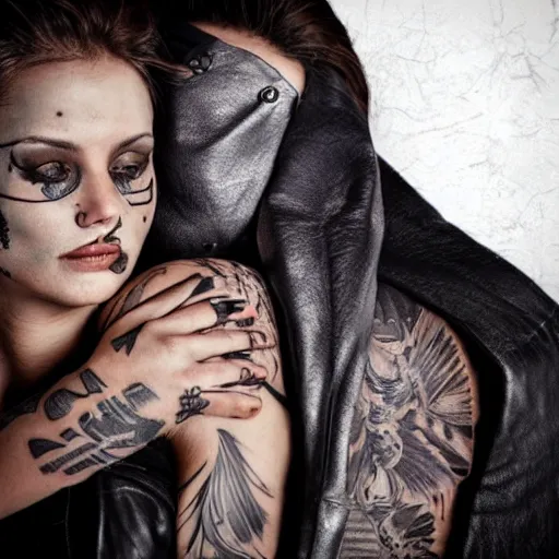 Image similar to Hot young woman, grey skin, tattoos, wearing leather and **platonically cuddling** a humanoid in a shroud and mask concept art