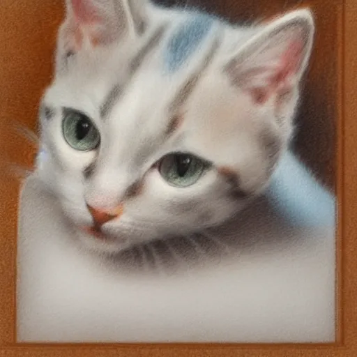 Image similar to photo of an intricately detailed representation of a accurate kitten. Colored graphite blended with colored oils miniature on vellum.