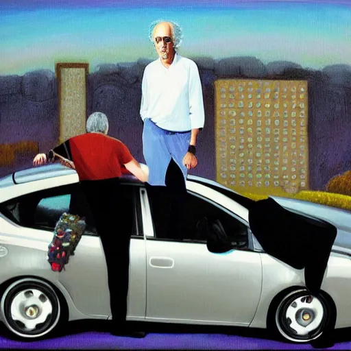 Prompt: larry david standing on roof of 2009 prius, worhol painting, painting