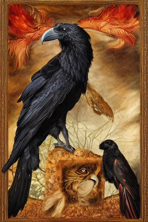 Image similar to a breathtakingly stunningly beautifully highly detailed animal portrait of a majestic raven, by rosetti and michael cheval and rosetti and turner, 4 k