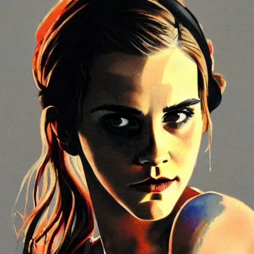 Image similar to detailed details photorealistic emma watson wearing devil horn headband in the style of bob peak and alex ross, gouache and wash paints color, detailed details facial and body and human and environments and proportionate, detailed 5 k details.