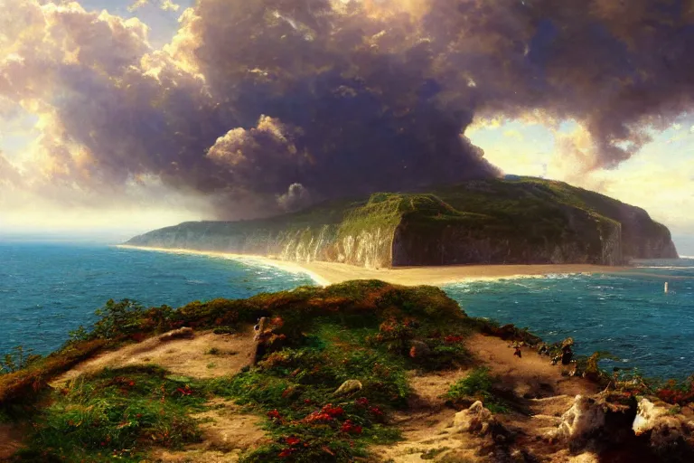 Prompt: The Cliffs of Dover on the right side with ruins on top and foliage, beach in the middle and blue skies, ocean and cumulonimbus clouds on the left, acrylic painting, highly detailed, saturated colors, by greg rutkowski and thomas kinkade trending on artstation