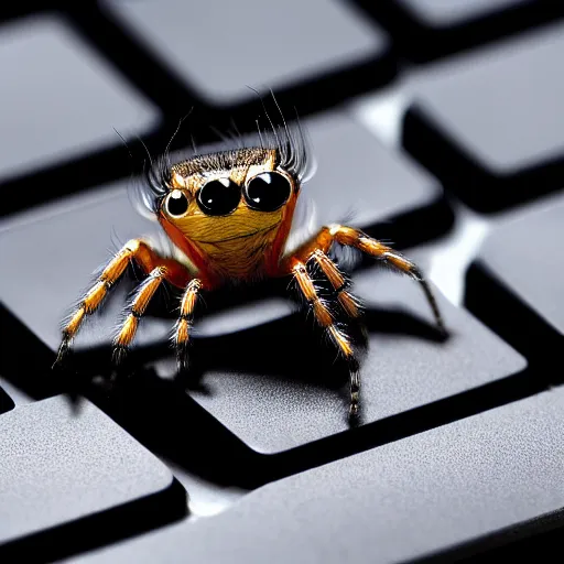 Image similar to a jumping spider pressing tiny keyboard keys tiny, by pixar, macro lens, iridescent, character concept art