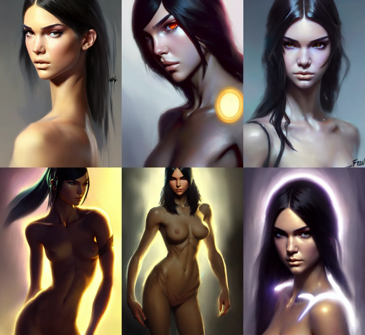 Prompt: masterpiece digital character concept art of kendal jenner as a gamer cosplayer e - girl, by frank frazetta, by greg rutkowski, perfect likeness, clear portrait, holy body! light effect. hyper detailed, beautiful glowing lights!! intricate, elegant, digital painting, artstation, pixiv, smooth, sharp focus, hd, 4 k