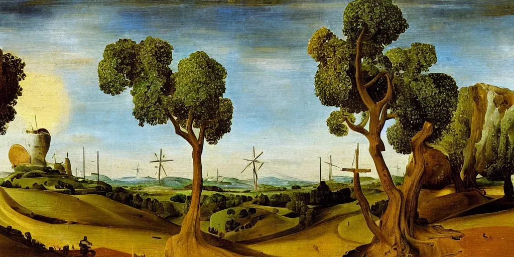 Prompt: an oil painting of a landscape with oak trees and windmills by Salvador Dali, Hieronymous Bosch, and Ivan Shishkin