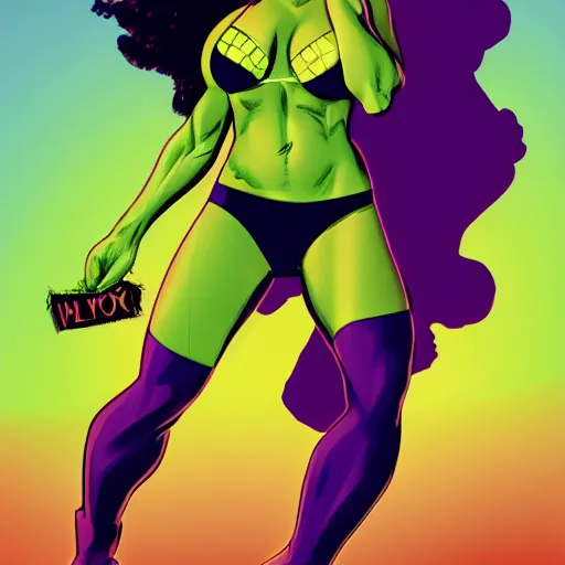 Image similar to Actress Rosario Dawson as She-Hulk, smiling, poster framed, comic pinup style, sports illustrated, detailed legs, artstation, illustration, posterized