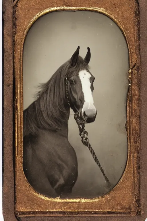 Image similar to a tintype photo of horse in a bed