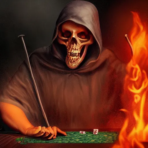 Prompt: a grim reaper playing poker in hell, 8 k, realistic