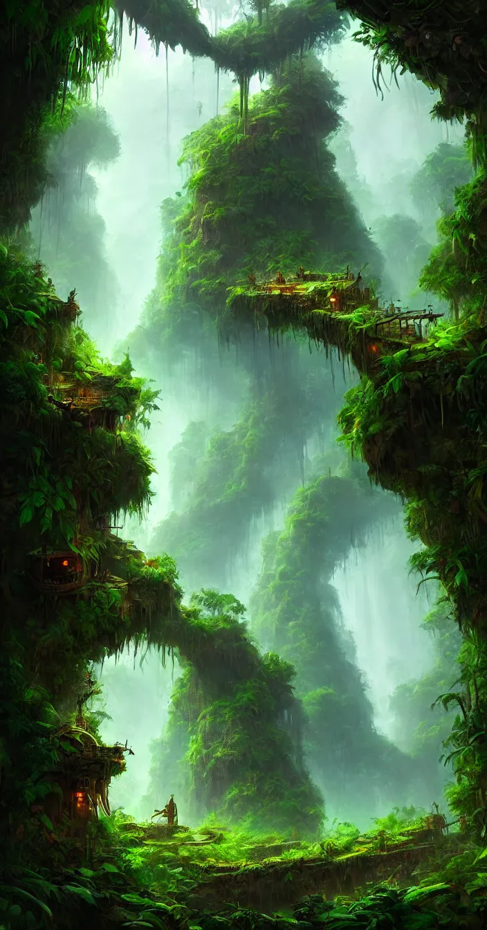 Prompt: dreamy story of jungle, concept art, cinematic lightening, wide angle shot, in the style of greg rutwoski, very hyper realistic, highly detailed, fantasy art station