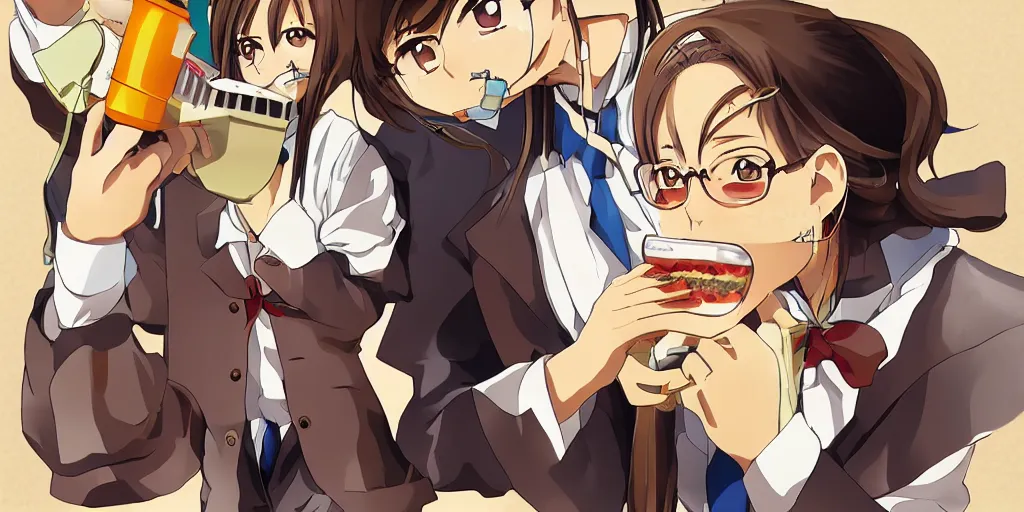 Prompt: anime key art of walter white dressed as a japanese schoolgirl with a tost in his mouth, digital art 4k