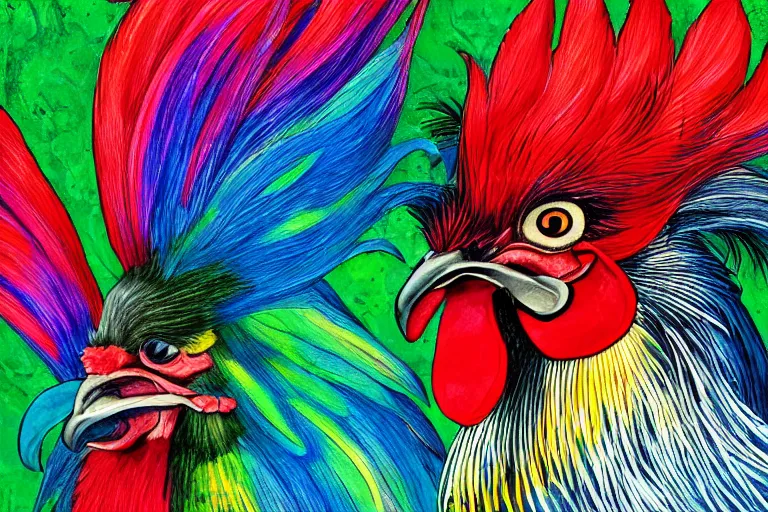 Image similar to illustration of a rooster with feathers of many colors, by ken barthelmey and liam cobb, lively colors, portrait, sharp focus, colored feathers, jungle