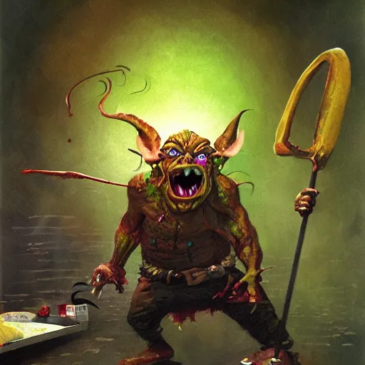 Prompt: greenskin goblin at mcdonalds, yelling at cashier, throwing big mac, by les edwards