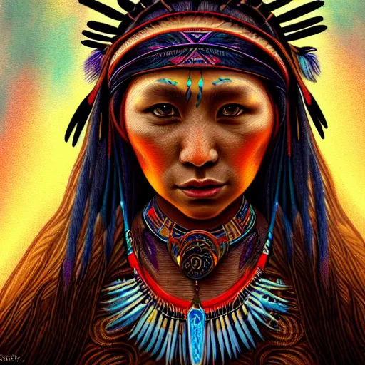 Prompt: : native female shaman, fantasy magic, femine energy, intricate, sharp focus, illustration, highly detailed, digital painting, concept art, matte, jahbu art, taino, cosmic, cosmos