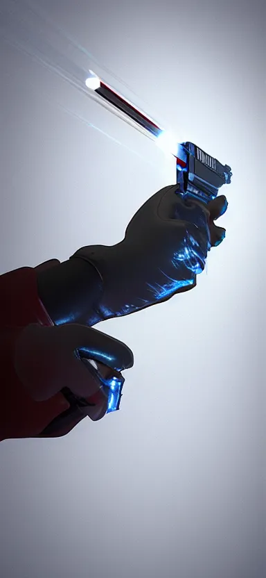 Image similar to “ hand in glove holding laser gun from the side, cinematic, digital art, unreal engine 5 render, award winning ”