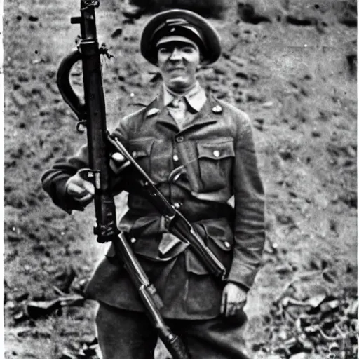 Image similar to old wartime photograph of spongebob squarepants holding a lewis gun, 1 9 1 7