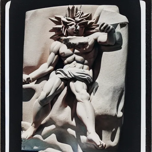 Image similar to Polaroid photo of fragmented greek sculpture of Goku