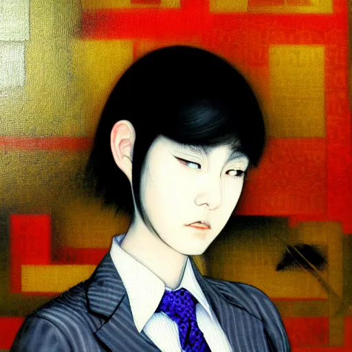 Image similar to yoshitaka amano blurred and dreamy realistic three quarter angle portrait of a young woman with short hair and black eyes wearing office suit with tie, junji ito abstract patterns in the background, satoshi kon anime, noisy film grain effect, highly detailed, renaissance oil painting, weird portrait angle, blurred lost edges