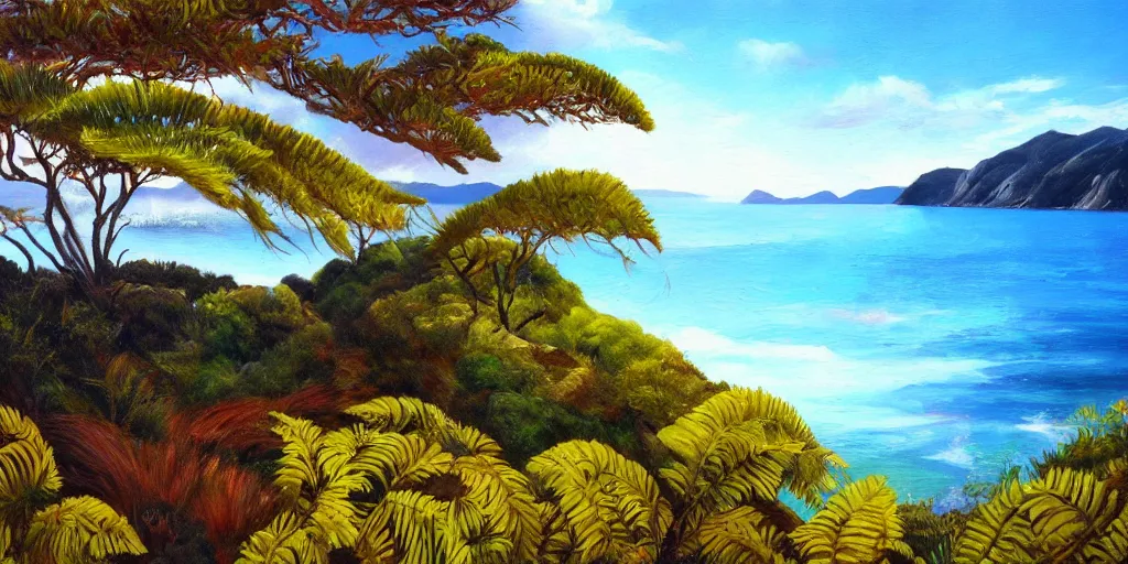 Image similar to golden bay new zealand, abel tasman, native NZ bush ferns, colorful oil painting, trending on artstation